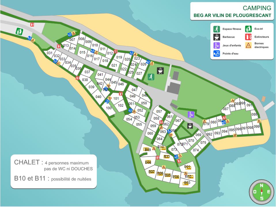 Plan du camping de Plougrescant, emplacements et chalets